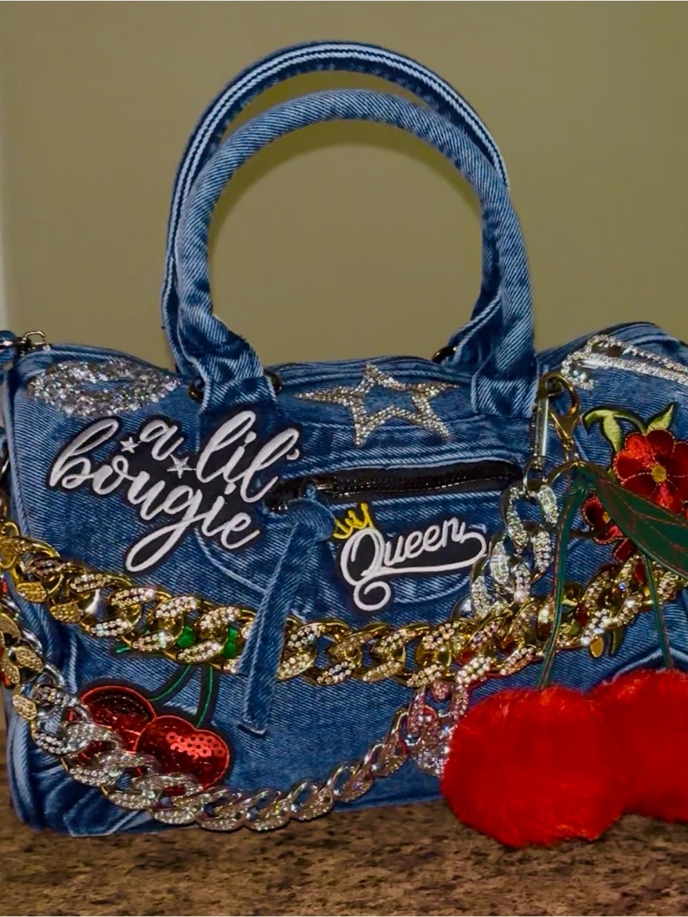 Denim Junk Handbag with Red Cherry Charm